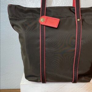 Kate Spade Nylon Tote Brown Red Trim Zip Top Shoulder Bag Lightweight Chic Daily